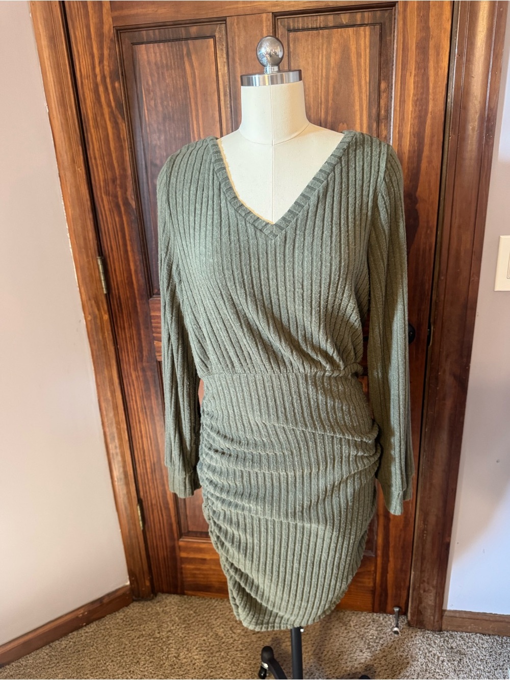 Knit V‑Neck Ruched Sweater Dress - Olive